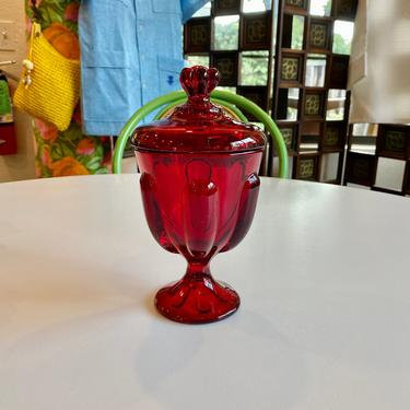 Viking Glass Ruby Red Pedestal Lidded Candy Jar, Mid Century, C. 1960s 