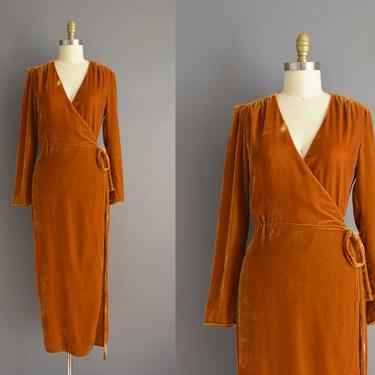 vintage velvet dress | Gorgeous Long Sleeve Golden Honey Brown Winter Holiday Party Dress | Medium Large | vintage dress 