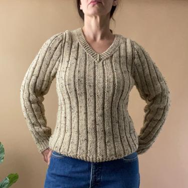 Vintage 70's Brown V Neck Ribbed Chunky Knit Sweater, Size Medium 