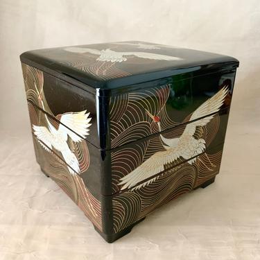 Graceful Cranes Stacking Jewelry Box, Asian Inspired, Make Up Storage, Vintage 70s Home Decor 