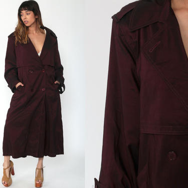 Burgundy Trench Coat 80s Lightweight Jacket Double Breasted Long Maxi Jacket Light 1980s Vintage Button Up Bohemian Medium Large 
