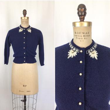 Vintage 50s cardigan | Vintage navy wool knit sweater | 1950s Kimberly knitwear  cardigan 