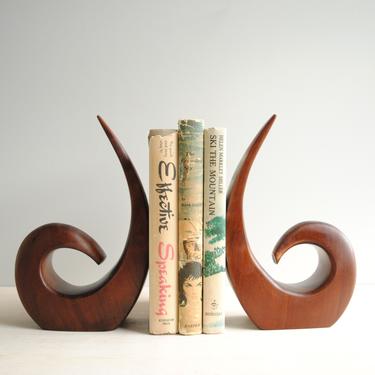 Vintage Pair of Curved Wood Modern Bookends, Wooden Mid Century Bookends, Wave Bookend Set, Modern Wood Sculptures 
