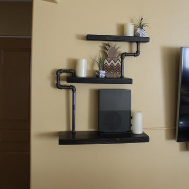 Rustic Industrial Pipe Shelf - Solid Wood &amp; pipe  / Wall Decor / shelving / floating - Unique, Handmade, Shabby, Industrial 