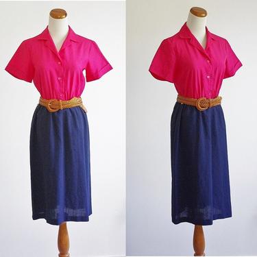 Vintage Womens Shirtdress, Pink & Navy Blue Colorblocked Dress, Collared Button Down Shirtwaist Dress, Short Sleeve Dress, 70s Dress, Medium 