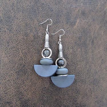Gray wooden earrings, modern dangle earrings, artisan earrings, bold statement earrings, unique earrings, contemporary long geometric 