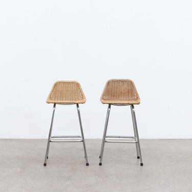 Pair of Charlotte Perriand Style Wicker Counter Stools