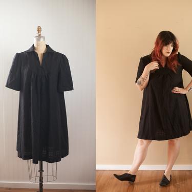 vtg black wool tent dress // vintage womens clothing // light woven black dress size large 