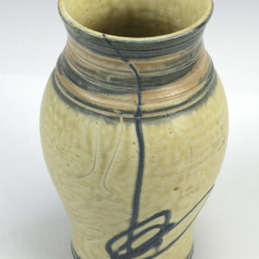 Vintage Artisan Mid Century Modern Pottery Vase Studio Signed Tan Blue String 
