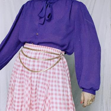Vintage 80s | Violet Poly Blouse with Ruffle & Necktie 
