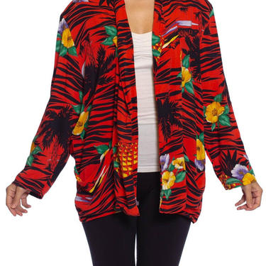 1970S Red Rayon Tropical Print Oversized Jacket 