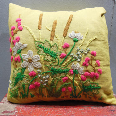 Vintage Handmade Crewel Embroidery Needlecraft  Mustard Gold Pillow Floral Flowers Catails Fiber Art Pillow Cover Garden Scene Needlework 