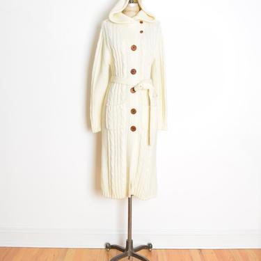 vintage 70s sweater cream cable knit wood button hooded hippie boho duster cardigan jumper M L 