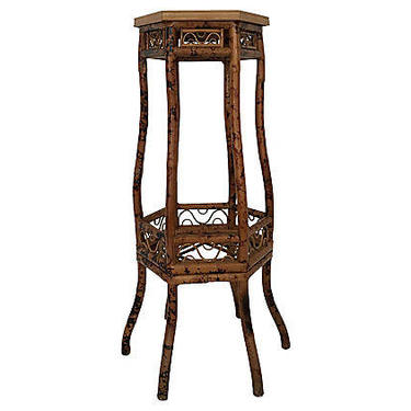 Chinese Chippendale Scorched Vintage Bamboo Stand 