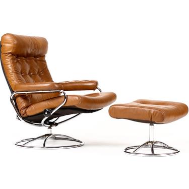 Danish Modern / Mid Century Ekornes Lounge Chair + Ottoman Brown Leather — Chrome Base 