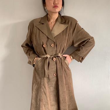 90s trench coat / vintage olive double breasted sueded peaked satin collar Italian belted spy trench coat | L 