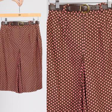 60s Brown &amp; Pink Polka Dot Mod Shorts - Extra Small | Vintage High Waisted Belted Wide Leg Shorts 