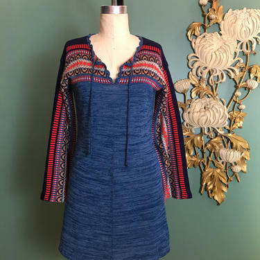 1970s knit tunic, vintage sweater, hippie top, 70s micro mini, size medium, bohemian sweater, vintage tunic top, 36 bust, blue and red, tie 