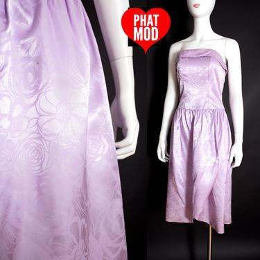 Lovely Vintage 90s Light Purple Shiny Floral Strapless Party Dress 