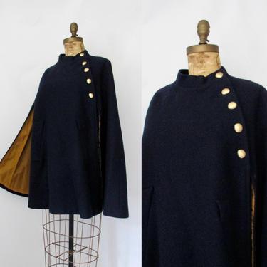 CAPE ABILITIES Vintage 60s Jerold Cape | 1960s Navy Blue Wool Outerwear with Gold Buttons | 70s 1970s Cloak Mod Scooter | Size Small Medium 