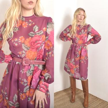Vintage 1980s Dress / 80s Sheer Floral Print Dress / Purple Pink ( medium M ) 