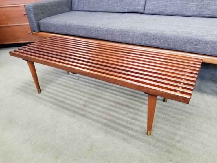 Mid-Century Modern walnut and brass slat bench / coffee table