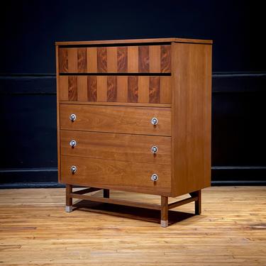Restored Mid Century Modern Stanley Walnut and Rosewood Highboy Dresser Chest of Drawers 5 Drawer Cabinet Commode by Pierre Debs 
