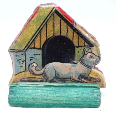 Antique German Dog in Doghouse on Wood Stand, Pressed Embossed Cardboard Stand Up Farm Toy for Christmas Putz or Nativity 