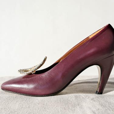 Vintage 80s PALOMA Plum Leather Curved Heel Pumps w/ Chrystal Vamp Clips | Made in Italy | UNWORN w/ Box | 1980s Italian Designer Boho Heels 