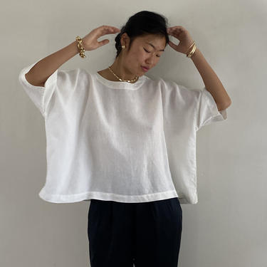 Eskandar linen tunic blouse / vintage white linen oversized swing cropped pullover tunic blouse top | One Size 