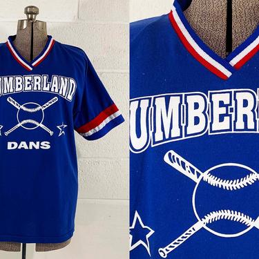 Vintage T-Shirt 90s Baseball Jersey Single Stitch Short Sleeve Blue Tee Shirt Yellow Ringer Raglan Red White 1990s Jesco V Neck Large XL 