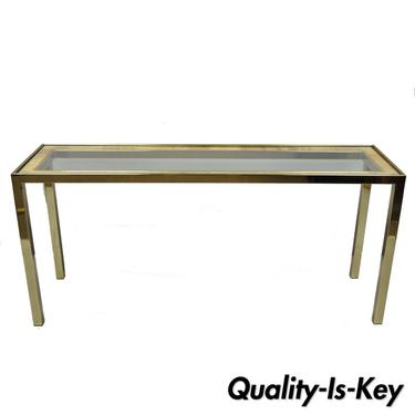 Mid Century Italian Modern Brass Glass Rattan Wicker Sofa Hall Console Table