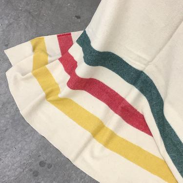 Vintage Blanket 1960s Retro Twin Size 87x75 Wool + Multi Colored Stripe + Green + Red + Yellow + Camping Throw +  Home Decor + Bedding 