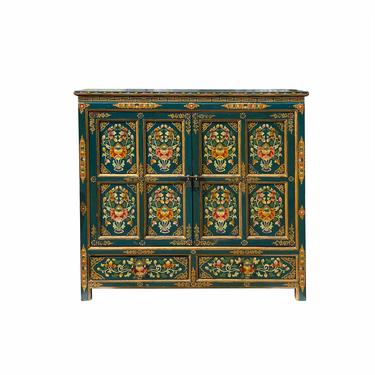 Chinese Tibetan Teal Blue Color Flower Graphic Credenza Storage Cabinet cs6911E 