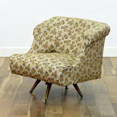 Mid Century Modern Floral Upholstery Swivel Armchair