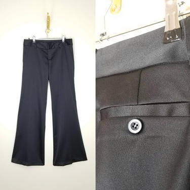 Vintage 90s Black Satin Pants, Medium / Sexy Dress Pants / Low Rise Flared Leg Slacks / Silky Black Sateen Pants / 90s Wide Leg Trousers 