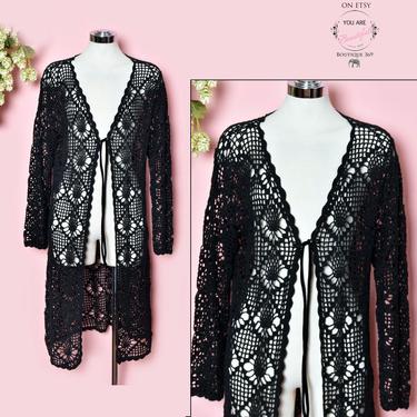 BOWS - Black Crochet Vintage Sweater Jacket Coat, Velvet Ties with Sparkly Bows 1980's, 1970's, Size Medium, Cardigan Knit Coat, Hippie Boho 