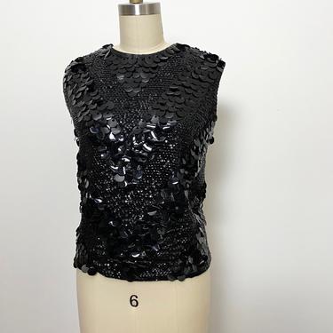 Vintage 1960s Sweater 60s Sequined Top Black Shell Blouse Sparkly Holiday 