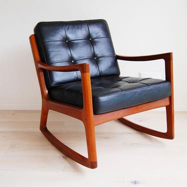 Danish Modern Ole Wanscher Teak and Black Leather Rocking Chair France and Son 