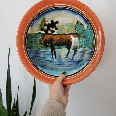 Vintage Colorful Ceramic Moose Art Bowl 