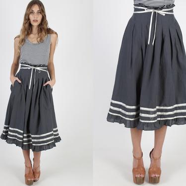 Vintage Navy Blue Gunne Sax Skirt With Pockets 70s Polka Dot High Waist Skirt Pleated Womens Waist Tie Country Midi Mini Skirt 
