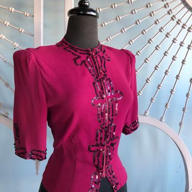 Vintage 1930s - 40s Raspberry Rayon Crepe Sequined Zip Evening Blouse - S/M* 