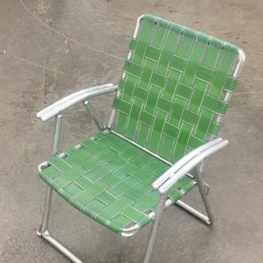 Vintage Lawn Chair Retro 1960s Mid Century Modern + Silver Aluminum Frame + Green Webbing + Folds Up + MCM + Outdoor or Patio Seating 