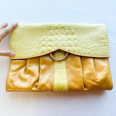 1980s Yellow Leather Clutch | 80s Yellow & Gold Embossed Clutch | Nordstrom 