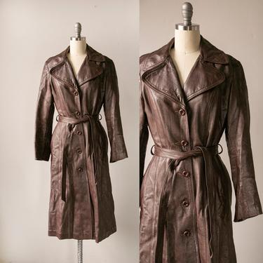 1970s Leather Jacket Long Trench Coat XS P 