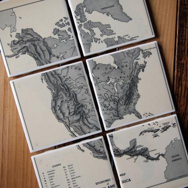 1944 North America Economic Map Coasters Set of 6 - Ceramic Tile - Repurposed Vintage 1940s Hammond Atlas - Handmade - USA 