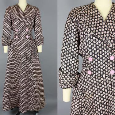 1950s QUILTED ROBE | Vintage 50s Pink &amp; Black Cotton 'Loungees' House Coat | medium 