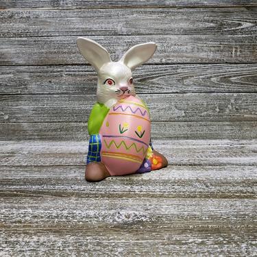Vintage White Easter Bunny, 1980's Ceramic Rabbit, Male Rabbit Holding Giant Egg, Spring Home Decor, Easter Decorations, Vintage Holiday 
