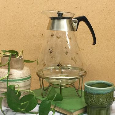 Vintage Pyrex Carafe Retro 1960s Mid Century Modern + Coffee Pot + Clear Glass + Gold Atomic Star Print + Metal Base +  Kitchen Decor 