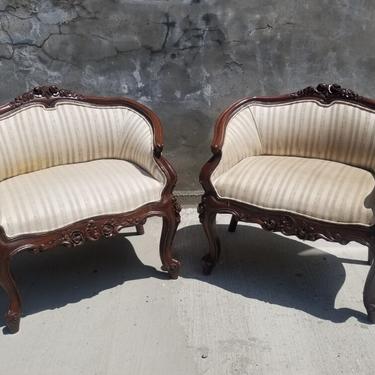 Absolutely Beautiful Pair of Antique French Victorian Hand-carved Floral Motiff Mahogany, Striped Silk Upholstered Bergere Chairs